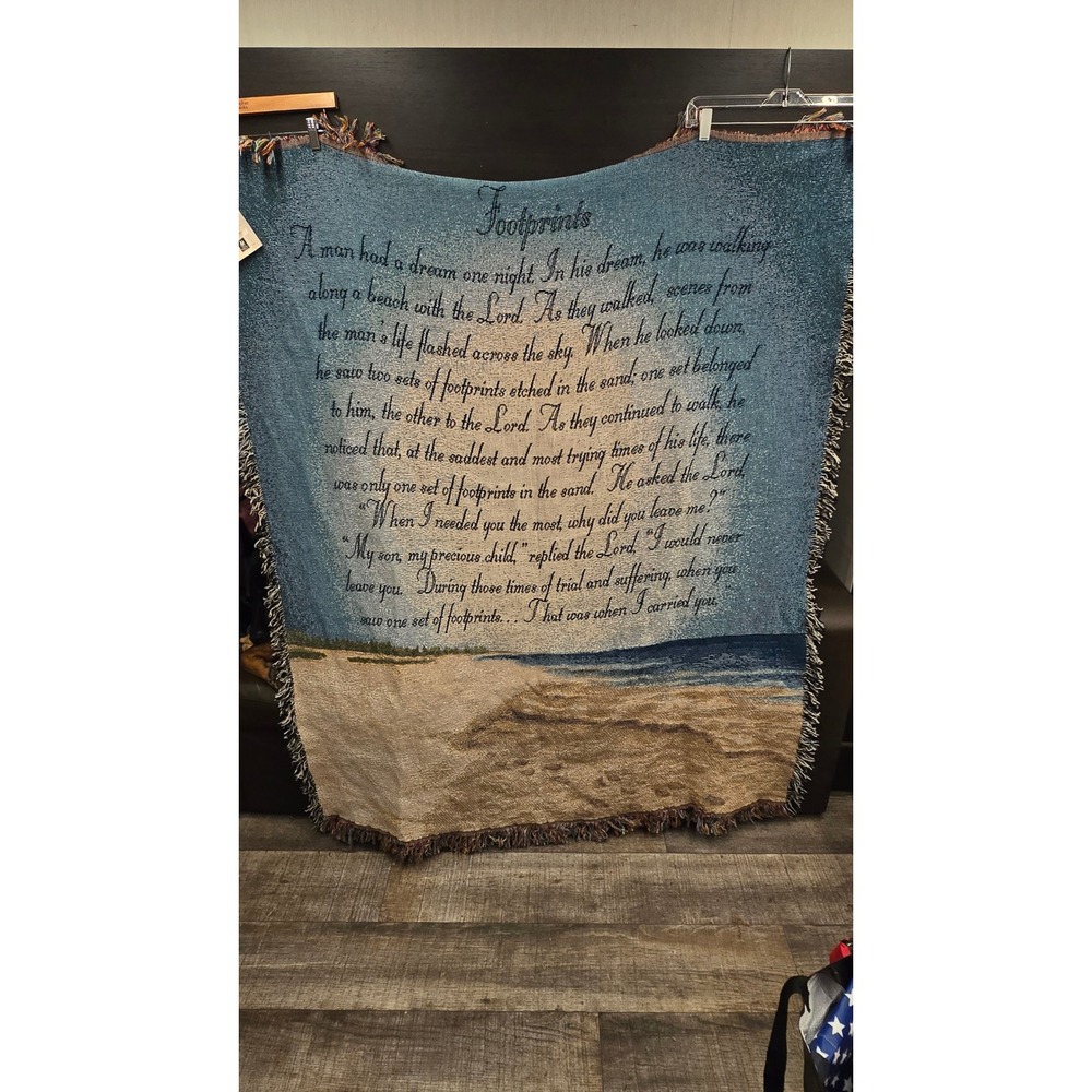 Manual Woodworkers Footprints in the Sand Woven Tapestry Throw Blanket 50x60 USA